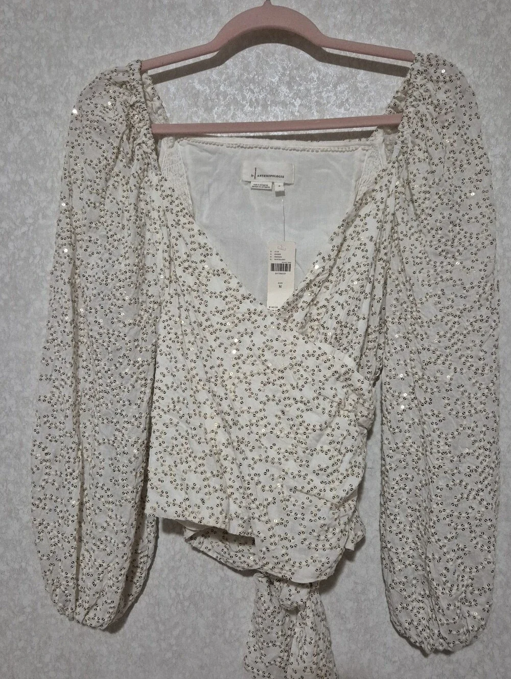 NWT Anthropologie Cream Wrap Blouse with Gold Sequin Detail..Size:M